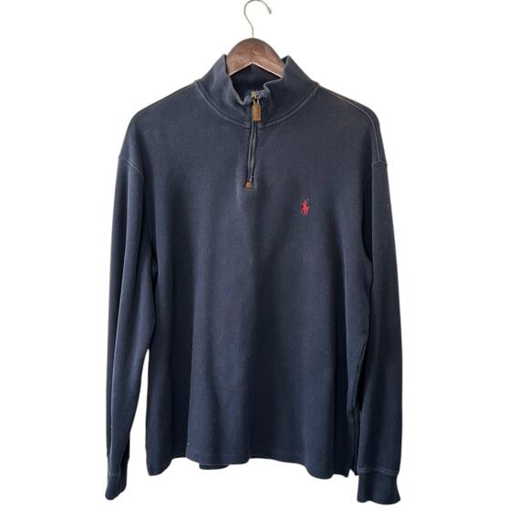 Polo Ralph Lauren Navy Blue 1/4 Zip 100% Cotton Knit Pullover Sweater Mens Large - Picture 1 of 7